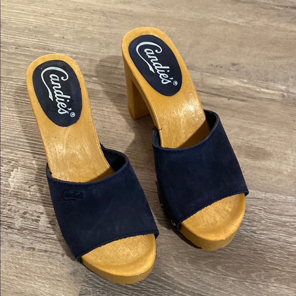 Candie's Navy and Tan Leather Slides Retro 70’s Heels Made in Italy 6.5